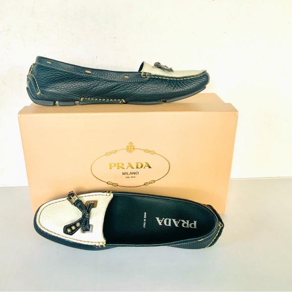 Prada black off white loafers driving shoes loafers 37 - Picture 1 of 15